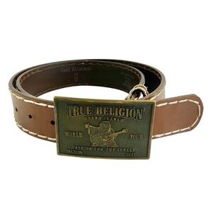 Y2K True Religion Big Stitch Leather Belt w/ Iconic Buddha Buckle Statement Belt